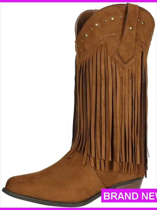 Shoes - Western Cowgirl Boots Wide Calf Fringe Tassel Mid-Calf Boots Chunky Heel